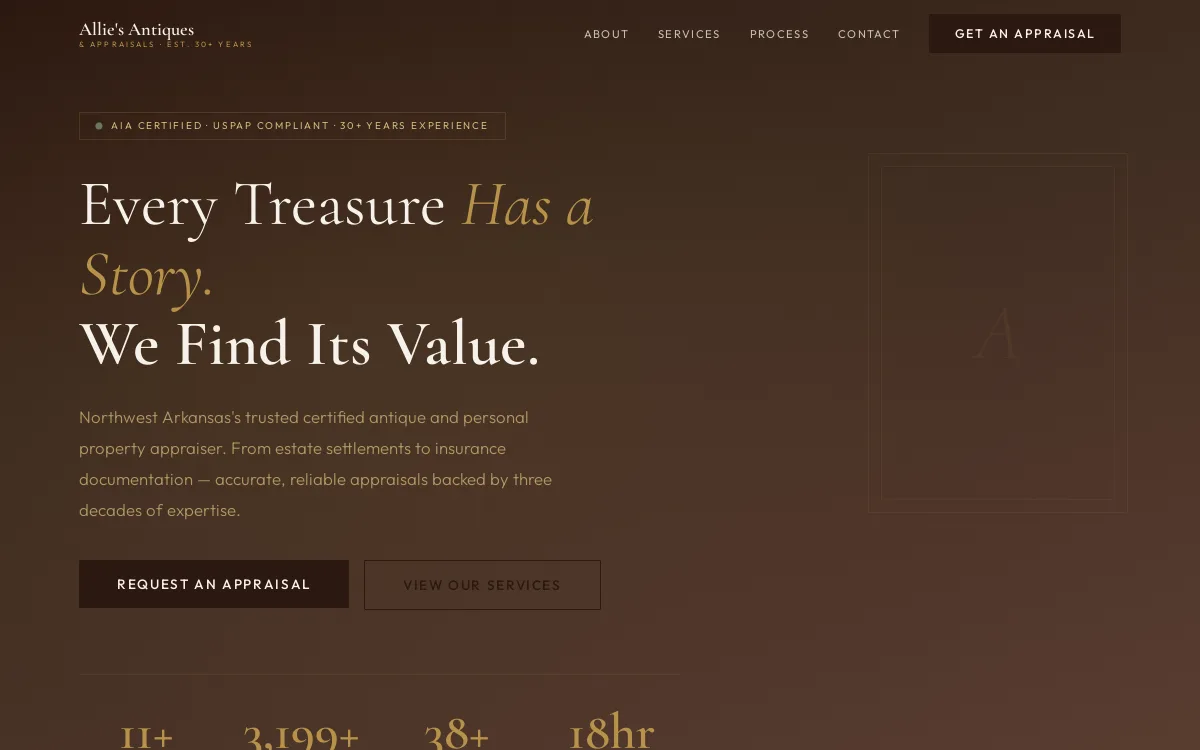 Allie's Antique Appraisals — Jewelry & Retail website screenshot