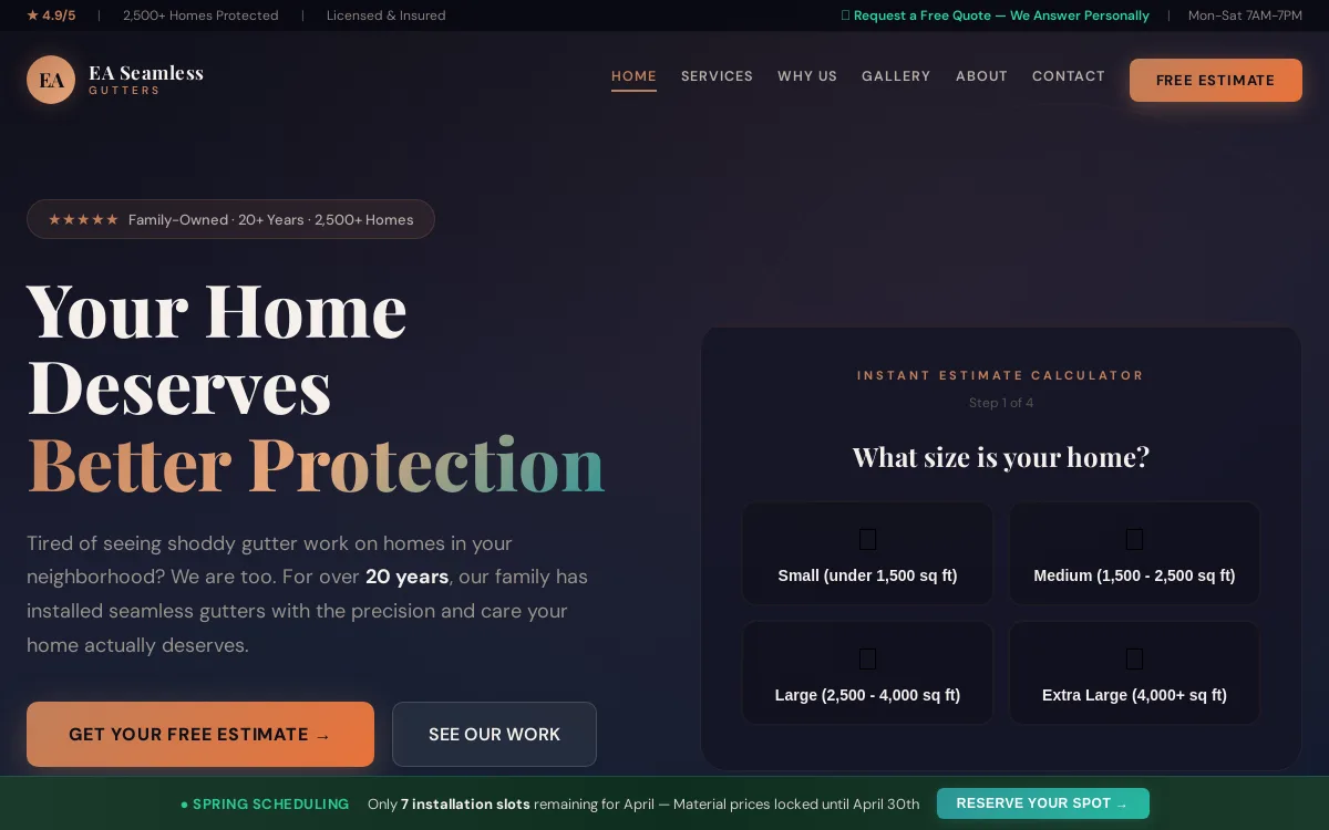 EA Seamless Gutters — Construction & Contractors website screenshot